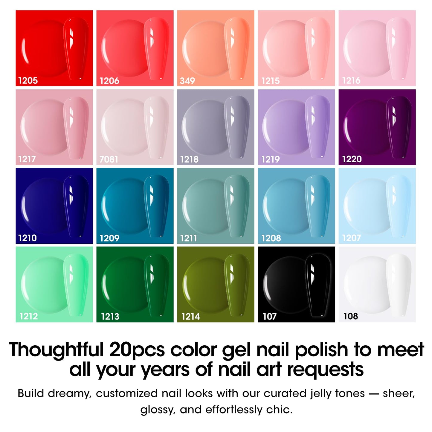 GELLEN 24pcs Gel Nail Polish Set, 20 Colors UV Gel Polish Red Blue Green Hema TMPTA TPO 3-free with Base Coat and Glossy Matte Cateye Top Coat, All Seasons NailGel for Christmas Gift Women Girls