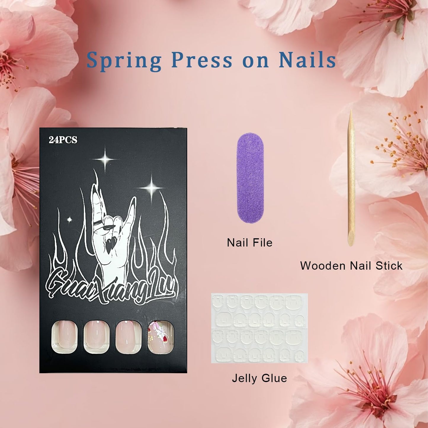 Press on Nails, Medium Almond, Pink French Tip, Colorful Floral Strawberry Design, Glossy Finish, Full Cover Stick on Nail, 24 Pcs