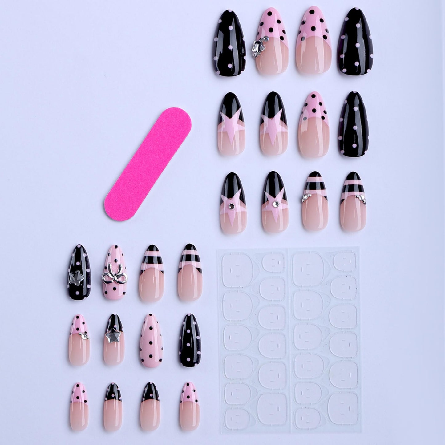 Long Press on Nails Almond Fake Nails Brown Artificial Nail Seeneey Y2K and Pink Stars Designs Cute Stick on Nail for Women 24pcs