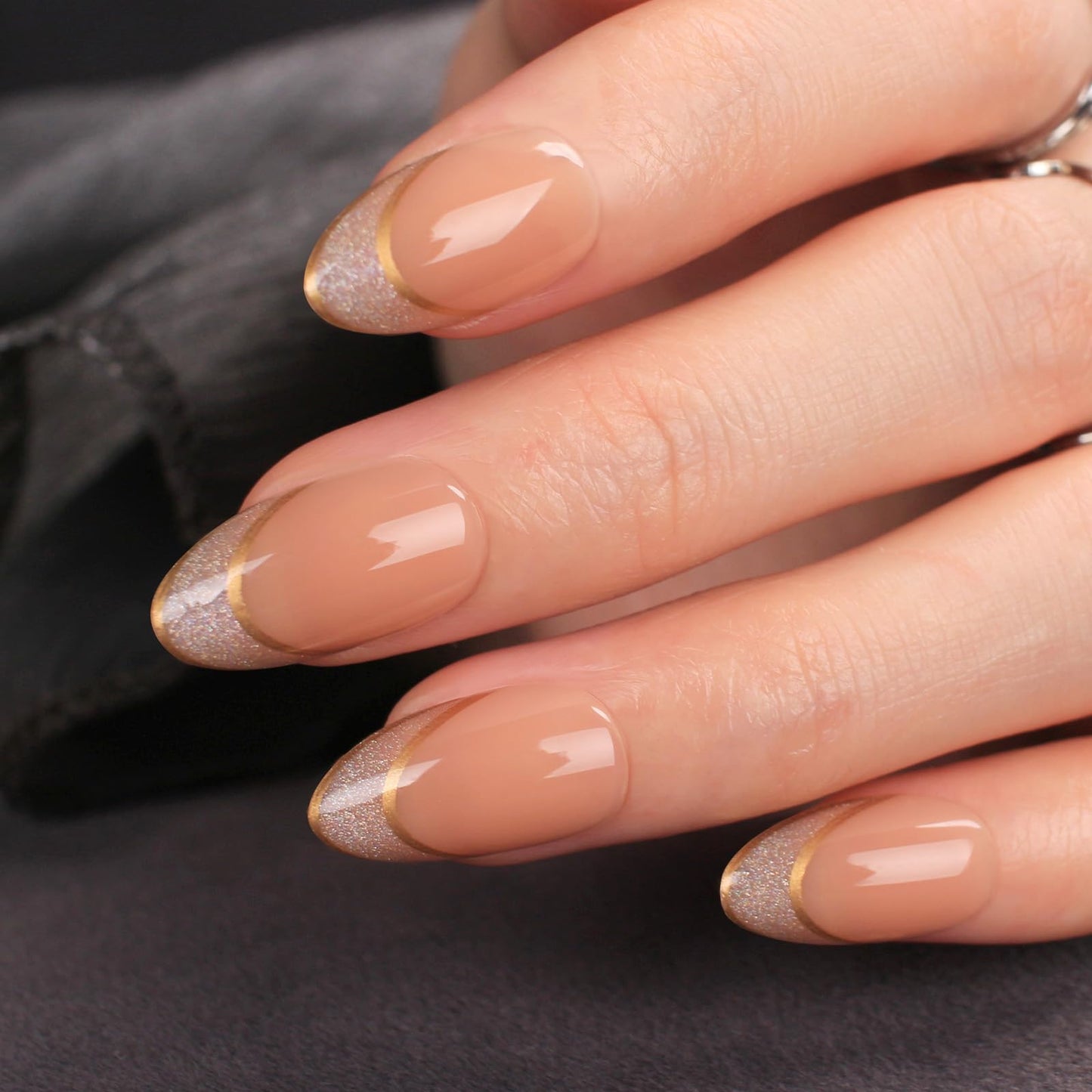 Short Almond Press On Nails – Nude Glitter French Tips with Gold Outline, Glossy Acrylic Fake Nails, Reusable Stick On Nails Kit for Women, Elegant Shimmery Manicure Set
