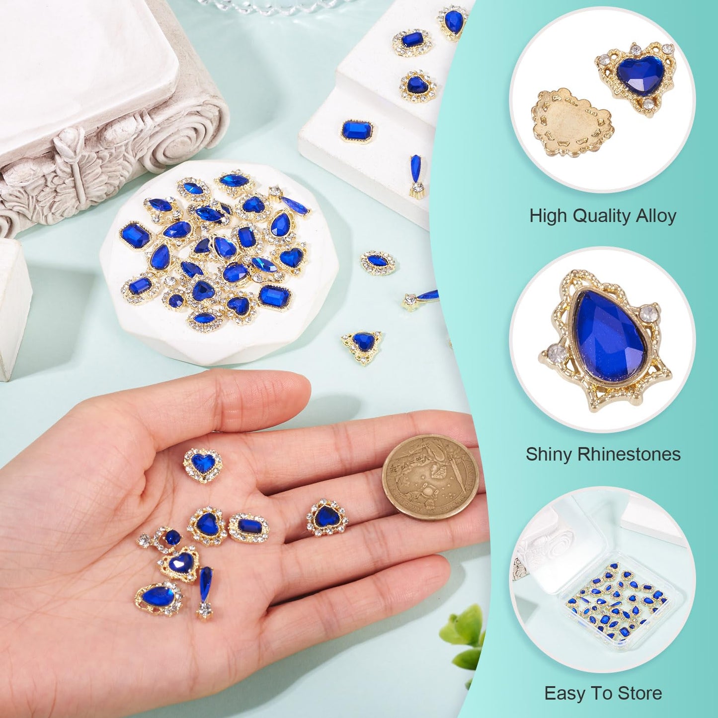 Craftdady 48Pcs Luxury Alloy Nail Rhinestone for DIY Nail Art Work Design Derocation Craft Jewelry Making Blue Theme Horse Eye Heart Teardrop Flat Round Nails Diamond Glass Crystal Charms