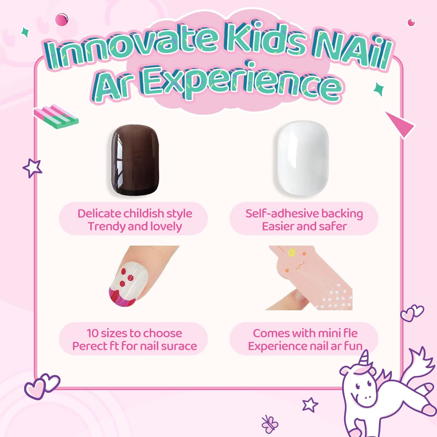 240Pcs Kids False Nail with Nail Glue Children Girls Press on short Nails No fading Stable Quick Stick on Cute Pre Glue Full Cover Acrylic Nail Tip Kit Gift for Kids Nail Decoration(Rainbow Unicorn）