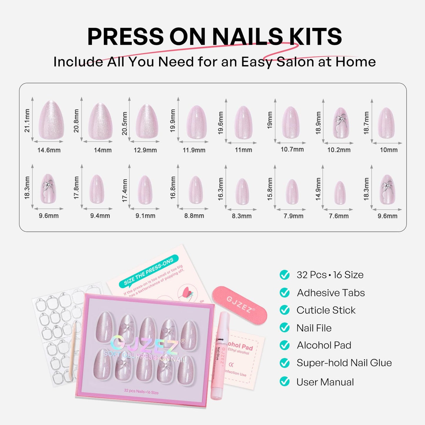 Pink Cat Eye Press on Nails Short - GJZEZ Soft Gel Pink Shimmer with Silver Bow Charm Coquette Almond Fake Nail Press ons Gifts for Women, Cute Glam Reusable Faux Nail in 16 Sizes 32 PCS, Velvet Bows