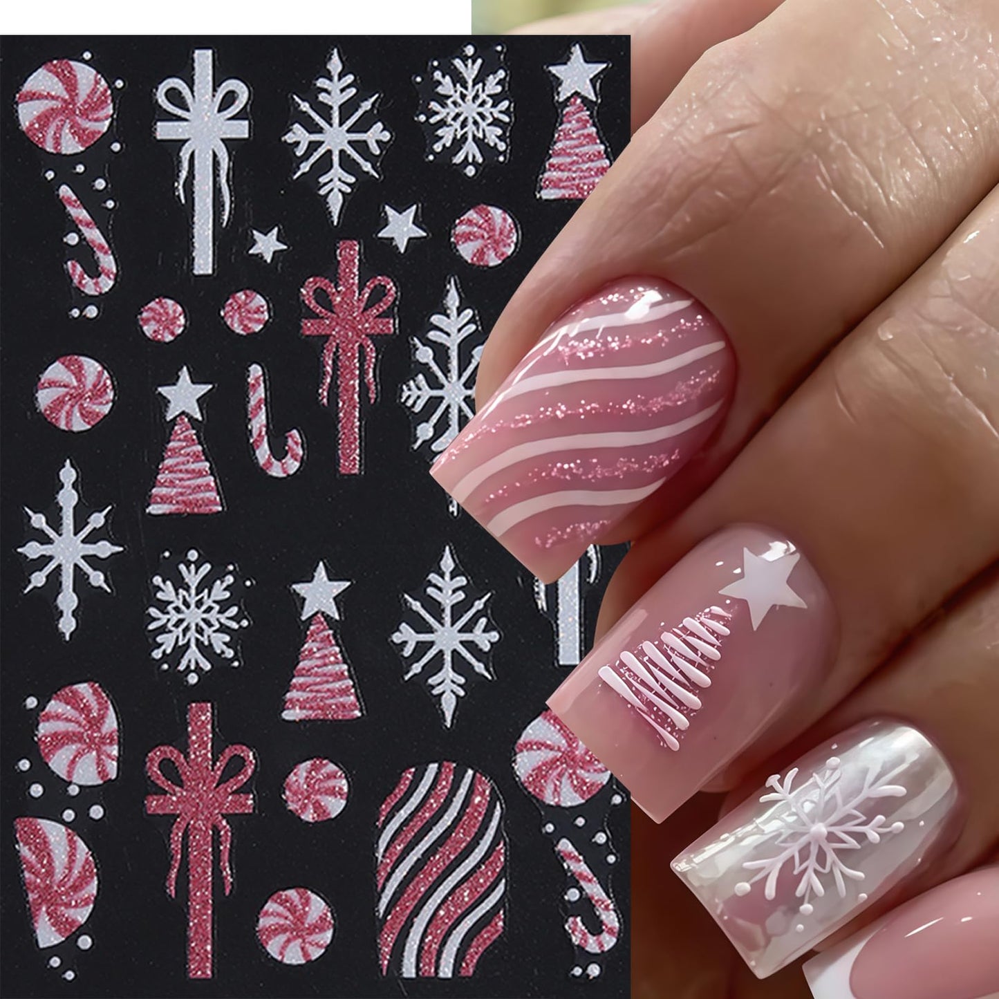 8 Sheets Red Christmas Nail Art Stickers Pink White Red Glitter Snowflake Nail Decals 3D Self-Adhesive Xmas Tree Winter Nail Design Gift Box Bow Nail Supplies Winter New Year Nail Decor for Women