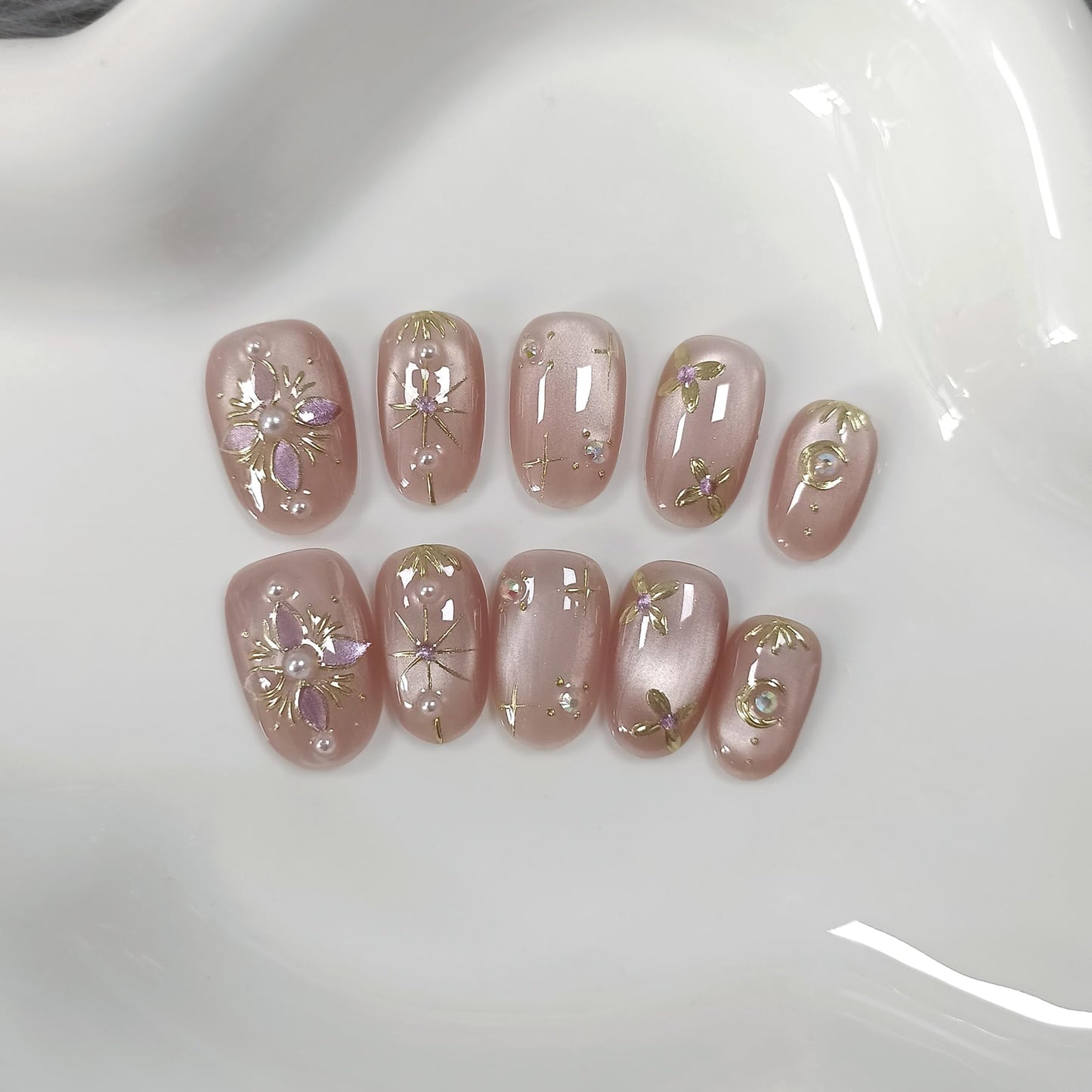 TENPAL Handmade Press on Nails Short Oval - Pink Cat Eye Glitter Sheer Nude Hand Painted Floral False Nails for Women - Glossy Acrylic Stick on Nails with Designs(M)