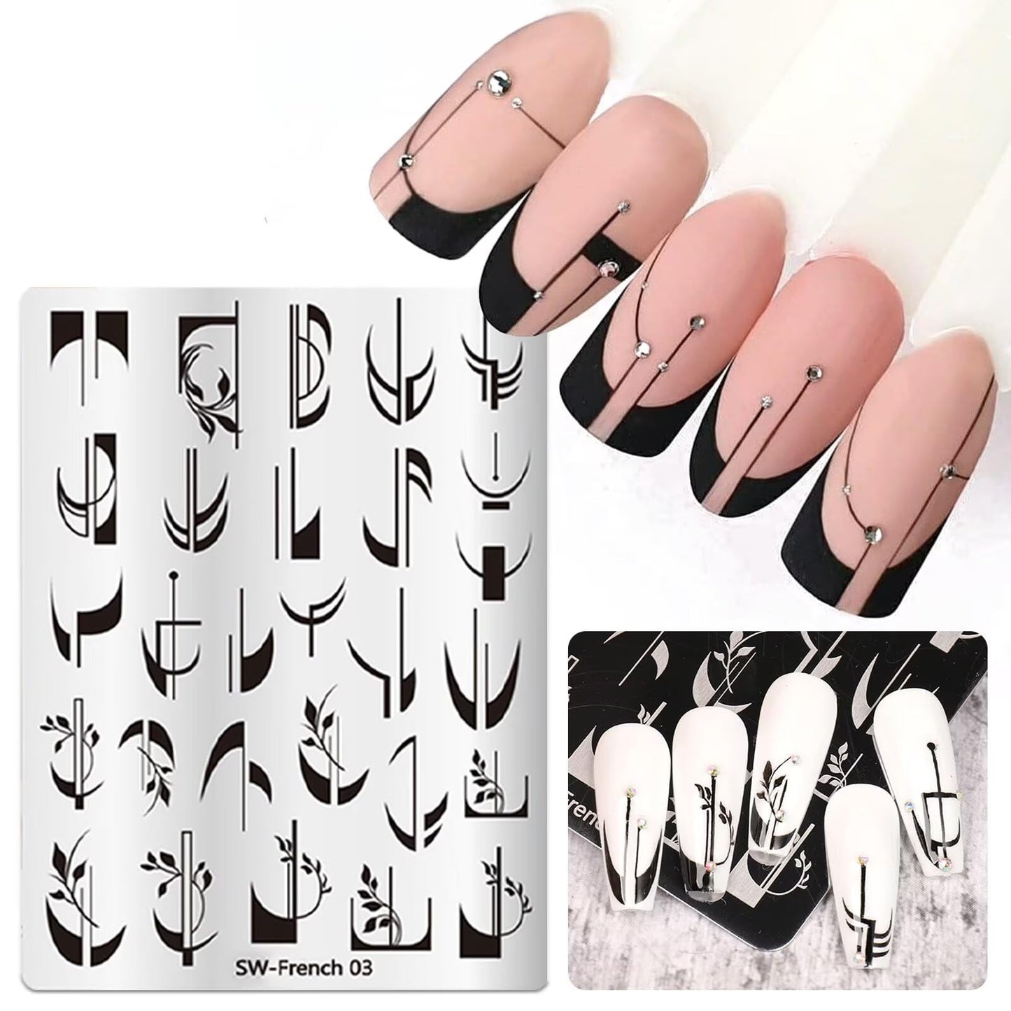 French Tip Nail Stamping Plate- 10 pcs Nail Stamper Kit Silicone Nail Stamper French Nail Stamp with Nail Art Stamps Storage Bag Nail Stamp Template Nail Supplies for Salon DIY