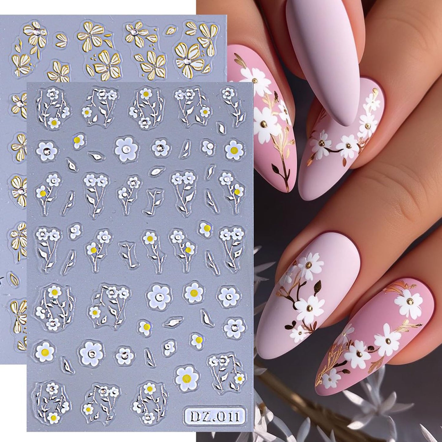Flower Leaves Nail Stickers ins 2pcs Spring Daisy Gold Leaf Floral Art Design Gold Silver Nail Decals Summer Supplies Nail Adhesive Stickers Floral Sticker for Nails DIY Manicure Decorations