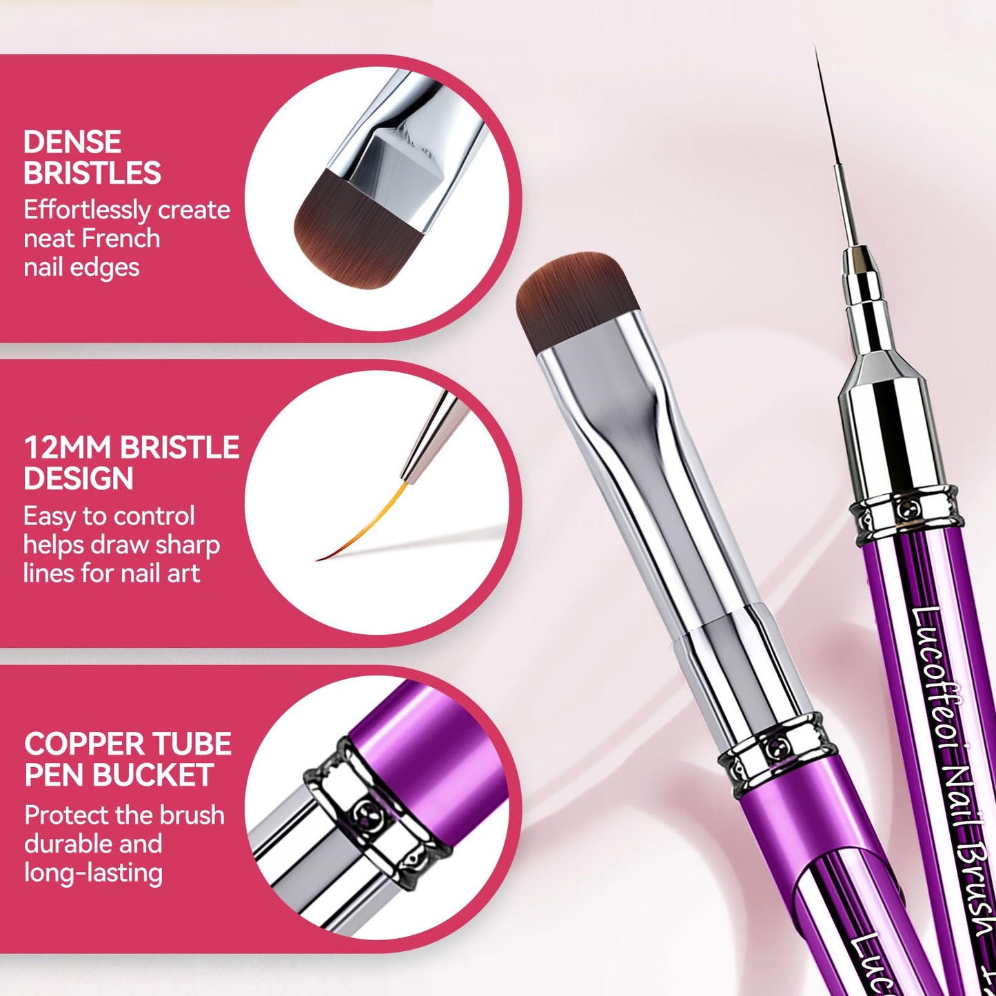 Nail Art Brushes Set 2-Piece: French Tip Brush and 12mm Liner Brush for Gel Clean Up, Smile Lines & Nail Design (Purple)