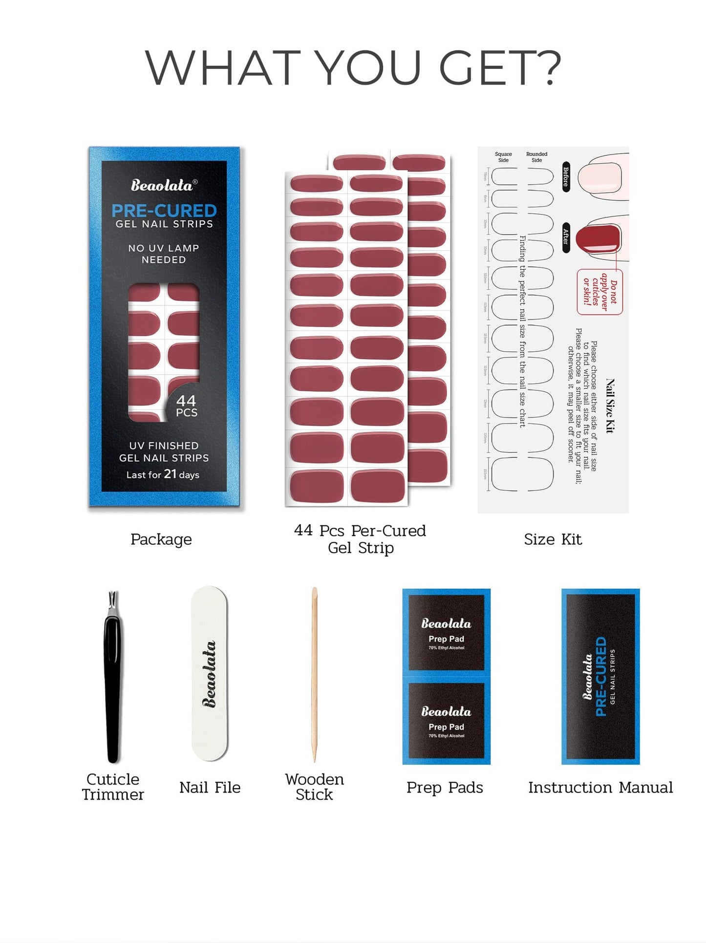Beaolata Real Gel Nail Strips (No UV Light Needed) - 44Pcs Salon Quality Nail Stickers - Long Lasting Polish Wraps for Women, Easy Apply & Remove (Oxblood Brown）