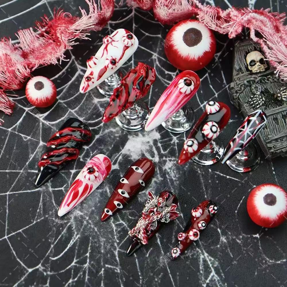 100% Handmade Press on Nails Long Stiletto Halloween Fake Nails with Evil Eye Charms Design Red Black Ombre False Nails Acrylic Handmade Nail Press Ons for Women Girls Manicure Size M