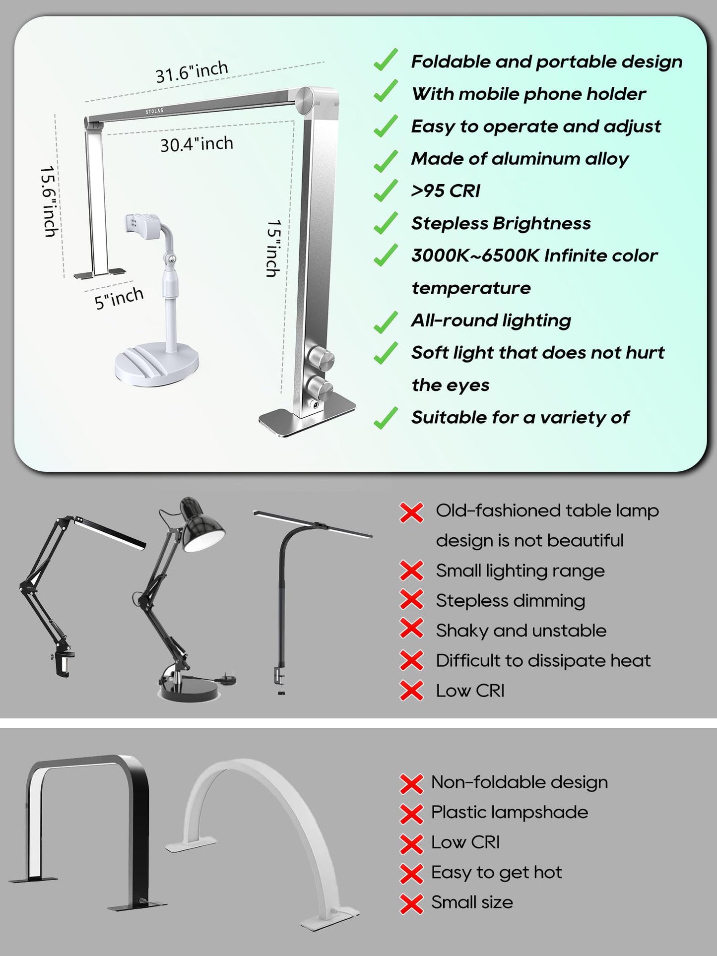 Upgraded Nail Tech Lamp for Desk, 32 in Foldable Large Nail Light with Phone Holder, 3000K-6000K CRI＞95 LED Manicure Lamp, Half Moon Light for Lash Eyelash Extension, Tattoo, Eyebrows-Diamond Pink