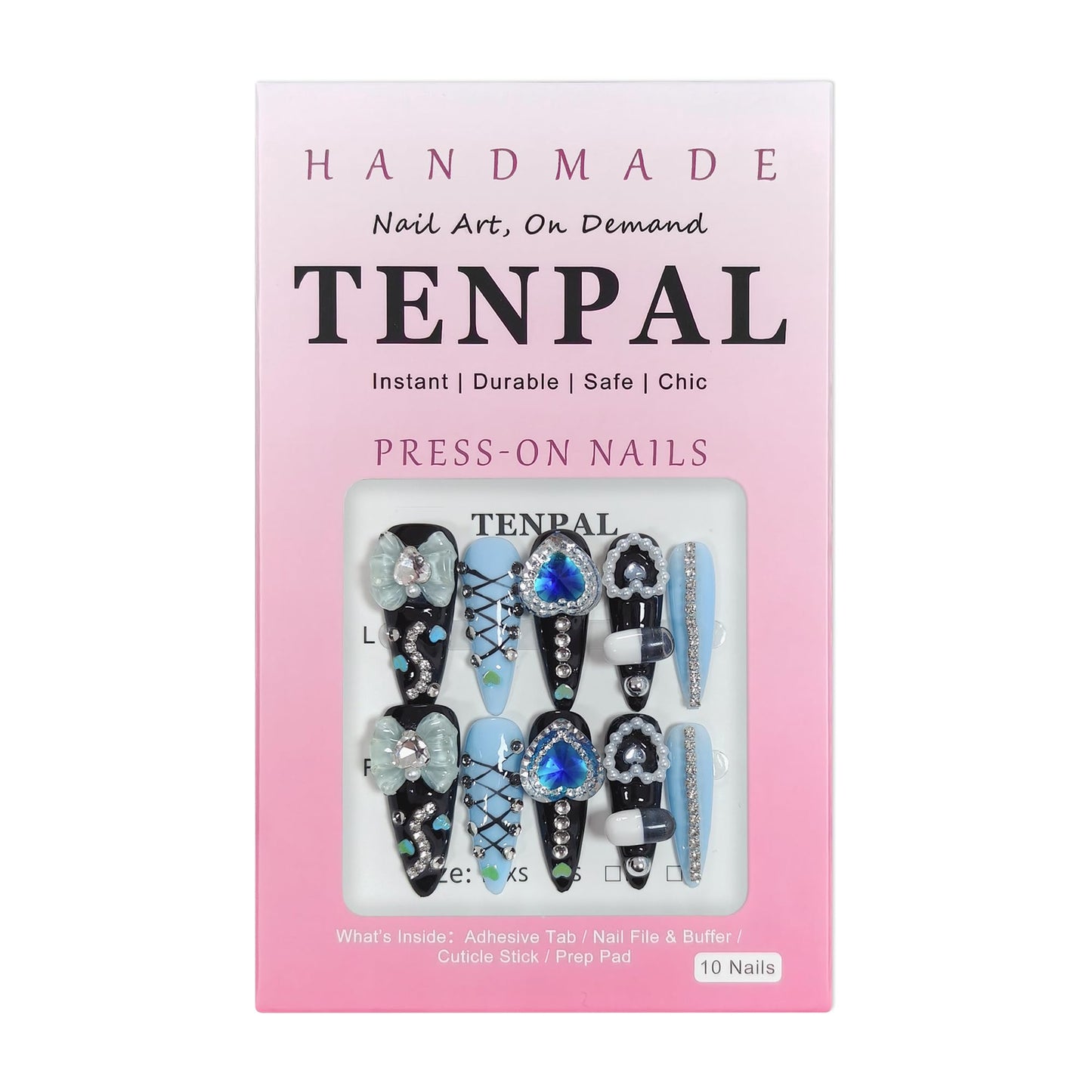TENPAL 10Pcs Y2K Gothic Press On Nails With Tools,Blue 3D Capsule Pearl Bow & Chain Charms Designs Fake Nails,Long Stiletto Handmade False Nails,Reusable Acrylic Glue on Nails for Party Halloween(XS)
