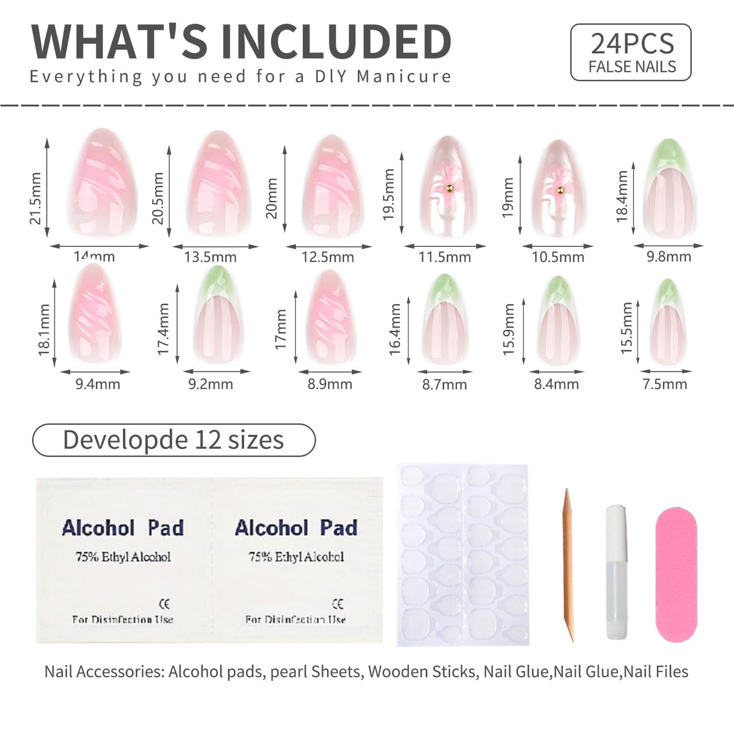 Press On Nails Medium Almond Shape – 24PCS Reusable Fake Nails with 3D Flowers, Pearls, Pink and Green French Tips, Glossy Stick On Nails for Women and Girls, Easy to Apply, Long Lasting