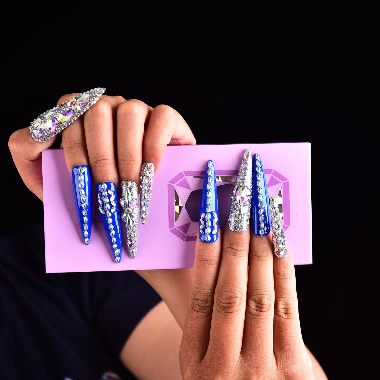Tmani 10pc/set Extra Long Handmade Press On Nail Hot Girl's Long Ballet Nails Pointed Nail Full of Diamond Glitter Decoration Fake Nails Suitable For Girls Festival Parties and Birthday Gift (232,M)