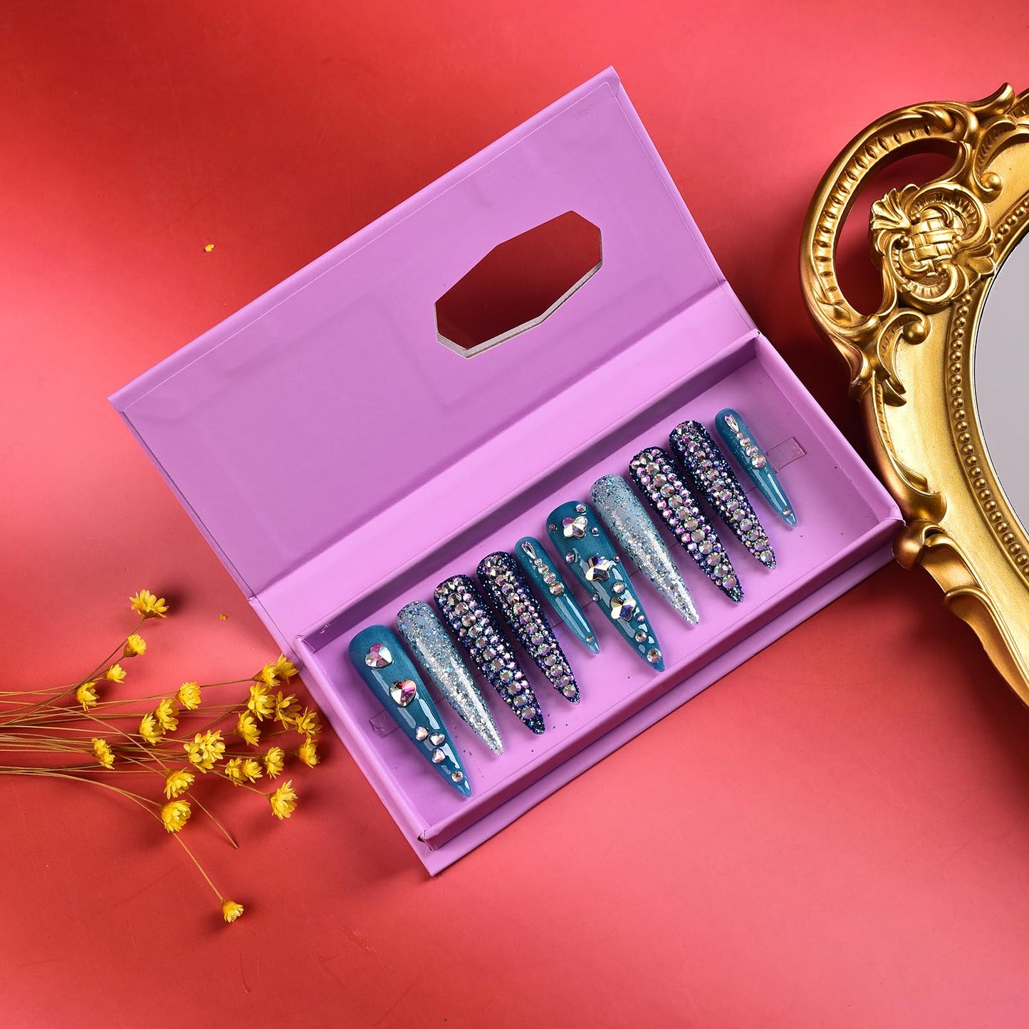 Tmani 10pc/set Extra Long Handmade Press On Nail Hot Girl's Long Ballet Nails Pointed Nail Full of Diamond Glitter Decoration Fake Nails Suitable For Girls Festival Parties and Birthday Gift (231,M)