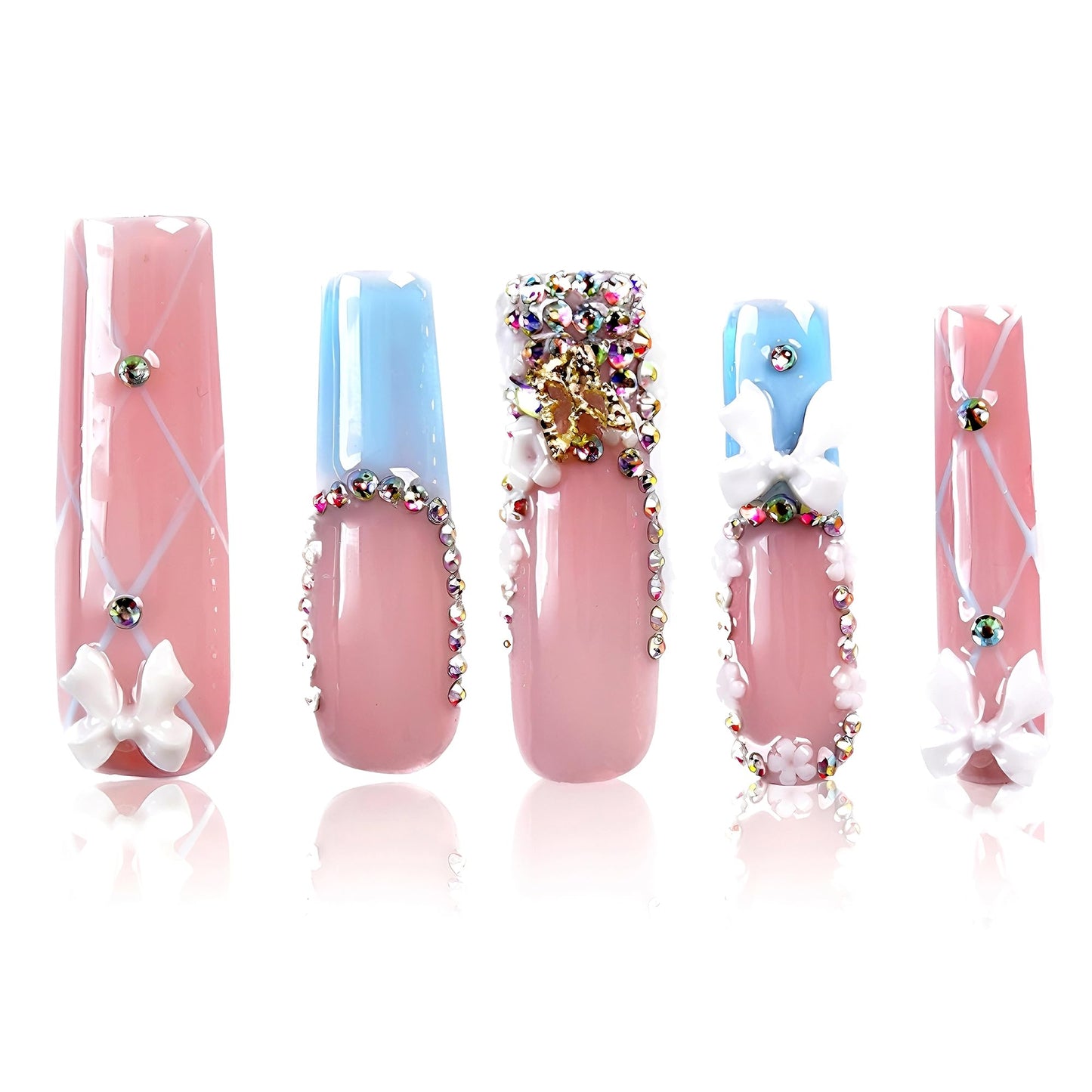 Tmani 10pc/set Extra Long Handmade Press On Nail Hot Girl's Long Ballet Square Nail Full of Diamond Glitter Decoration Fake Nails Suitable For Girls Festival Parties and Birthday Gift（238,Size-L)