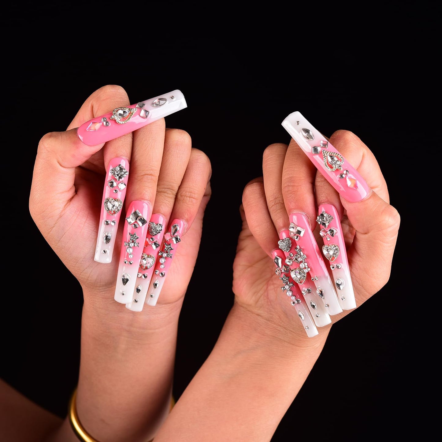 Tmani 10pc/set Extra Long Handmade Press On Nail Hot Girl's Long Ballet Nails Square Nail Full of Diamond Glitter Decoration Fake Nails Suitable For Girls Festival Parties and Birthday Gift (134,L)