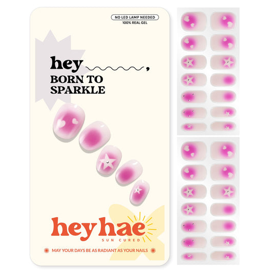 Heyhae Semi Cured Gel Nail Strips | No LED Lamp Needed | Pink, Valentines | Easy Apply & Remove, Salon Quality | Includes 28 Strips, 1 Prep Pads, Nail File & Wooden Stick - Hey, Born to Sparkle