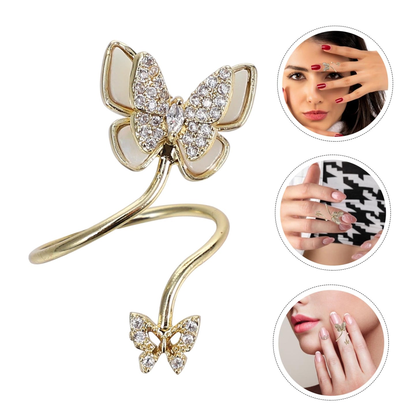 BESTYASH Butterfly Nail Ring for Women Gold Fingernail Jewelry with Pearl Shell Zirconia Accents Decorative Finger Accessory for Nail Art Wedding Prom Festivals