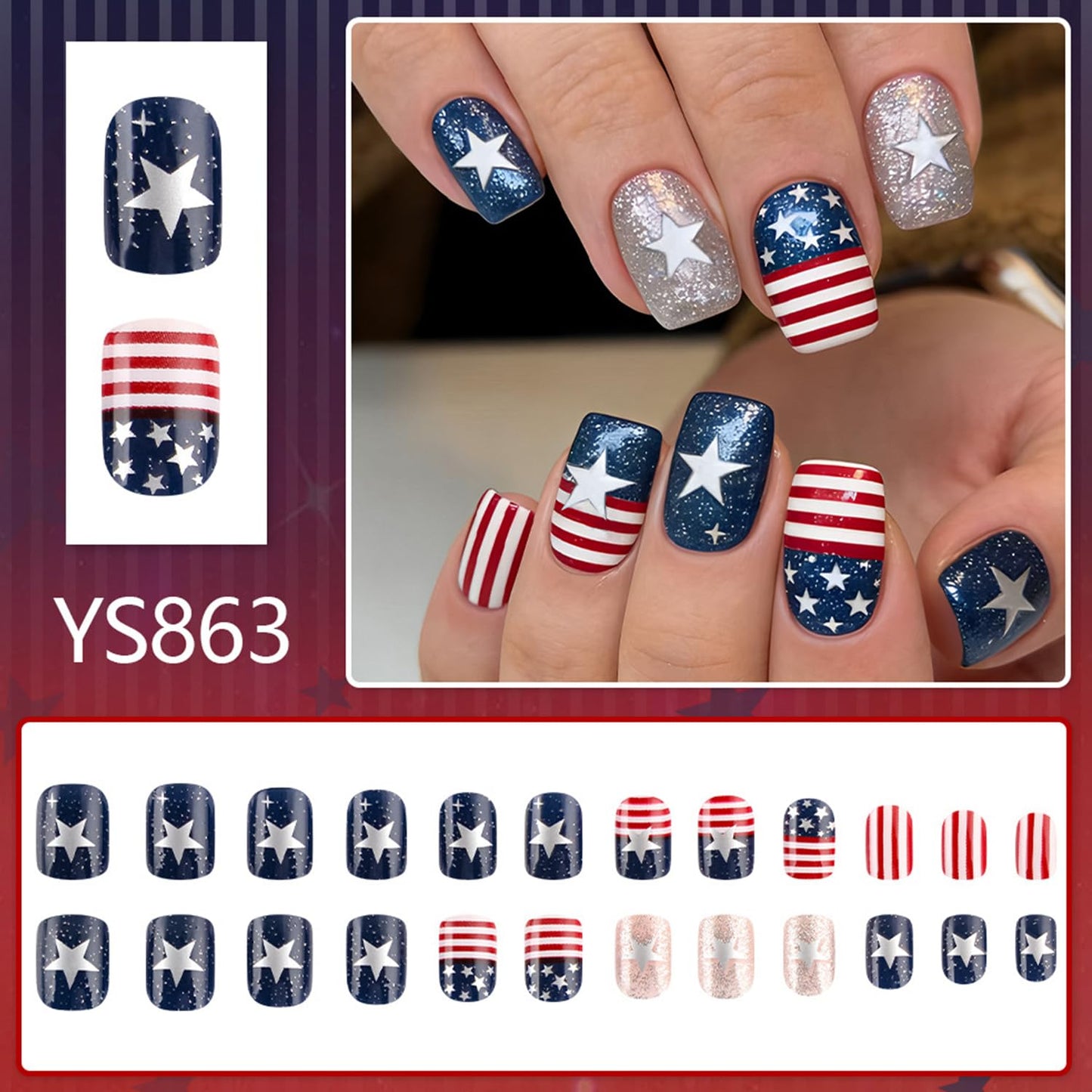 24Pcs Independence Day Press on Nails Short Square Artificial Fingernails American Flag Stars with Glitter Fake Nails 4th of July Glue on Nail Glossy Stick on Acrylic Nail for Women Festival Manicure