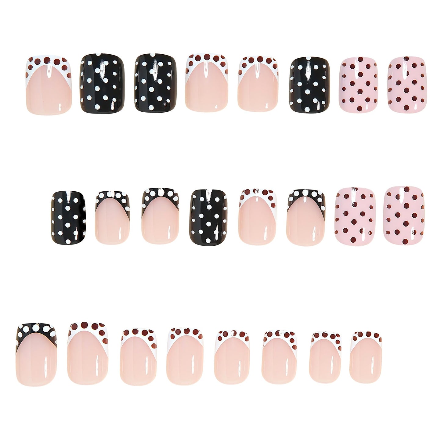 Polka Dot Press on Nails Short Square Fake Nails French Tip False Nails Cute Polka French Acrylic Nail Glossy Full Cover Glue Stick on Nail for Women Manicure 24Pcs