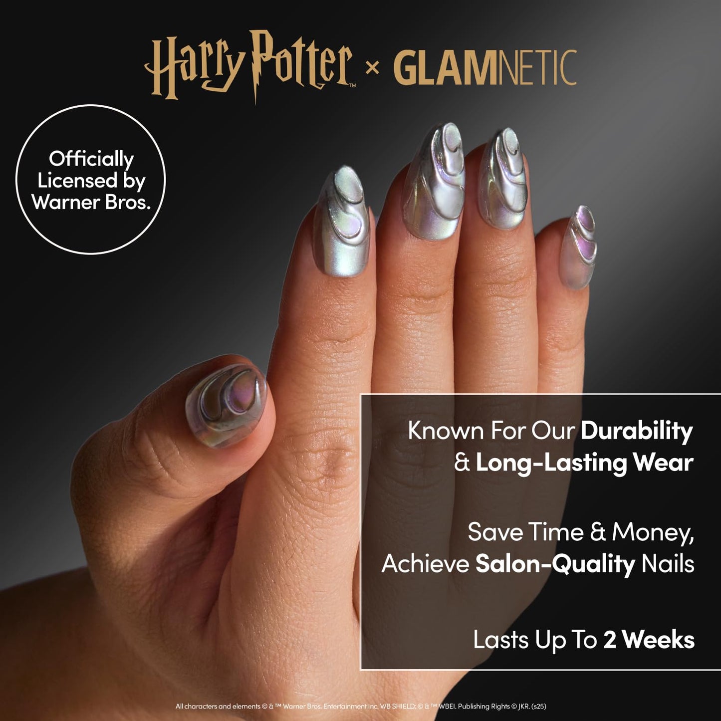Harry Potter™ x Glamnetic Press-On Nails Bundle - Unicorn Blood, Dementor™, Lumos, Salazar Slytherin™ & Godric Gryffindor™ | Short Almond Fake Nails with Silver Chrome & 3D Swirl Design | Medium Almon