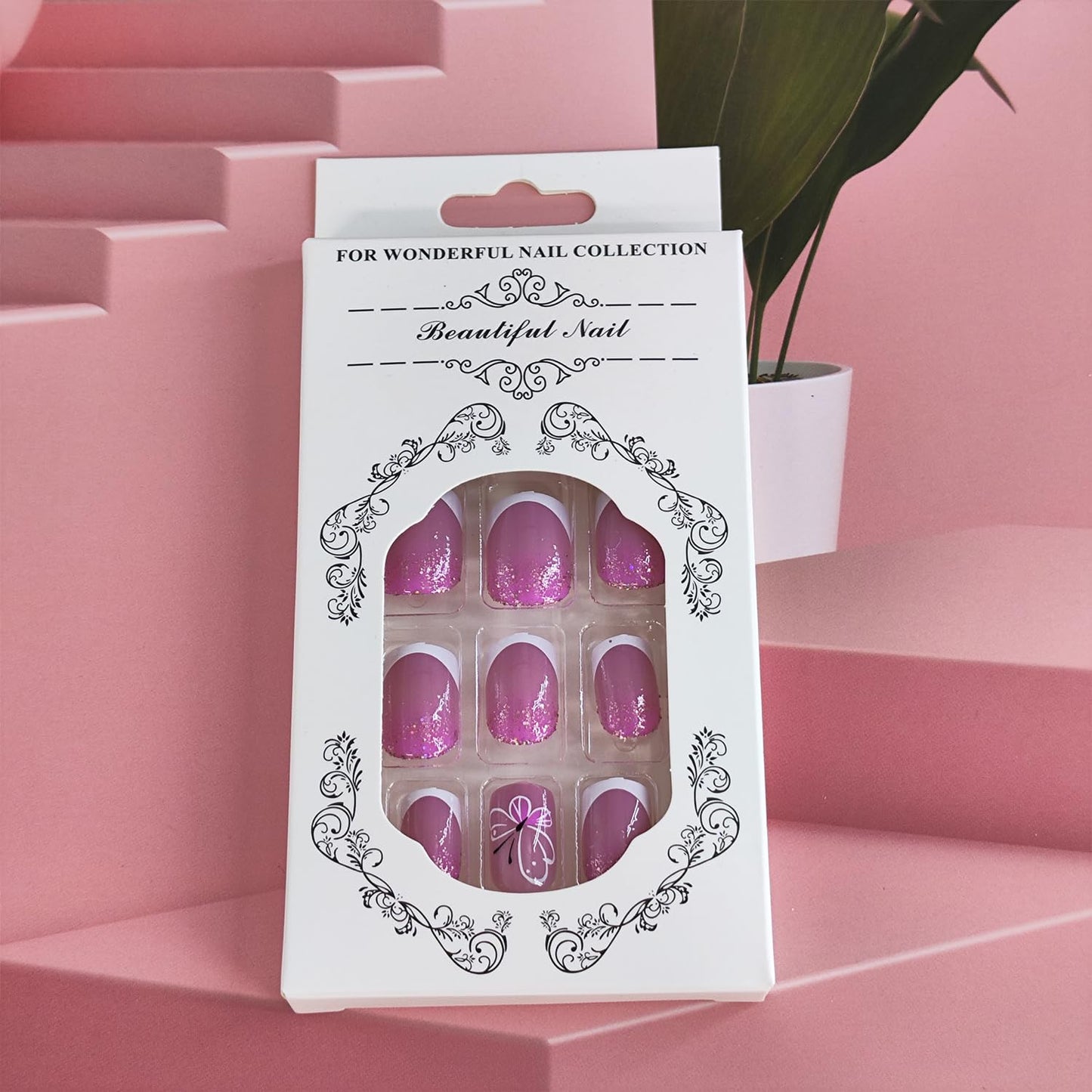 White French Tip Press on Nails Short Square Fake Nails with Butterfly Glitter Designs Summer Glue on Nail Reusable Artificial Extra Short Acrylic Full Cover Stick on Nail for Wedding Women 24 Pcs