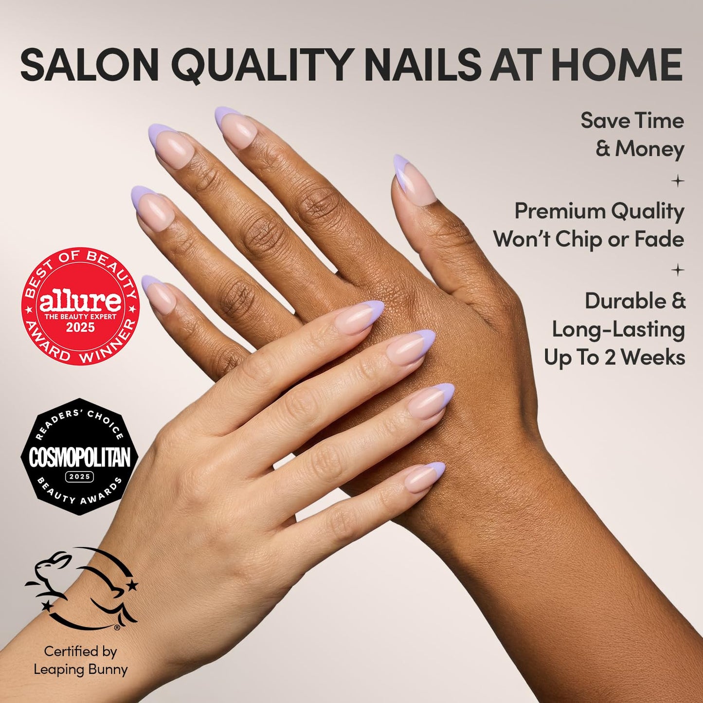 Glamnetic Press On Nails - French Lilac | Short Almond Fake Nails with Purple French Tips and a Glossy Finish, Salon Quality | 15 Sizes - 30 Nail Kit with Glue