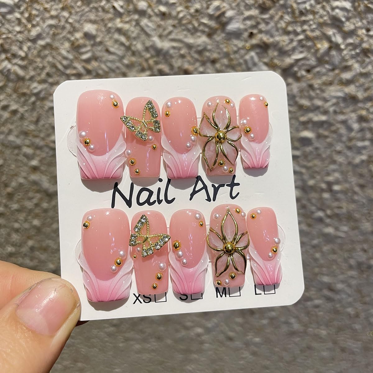 Handmade Press on Nails Medium Square Fake Nails Pink French Tip with 3D Butterfly Flower Designs luxury Glossy Cute Acrylic Nails for Women 10pcs (Size M