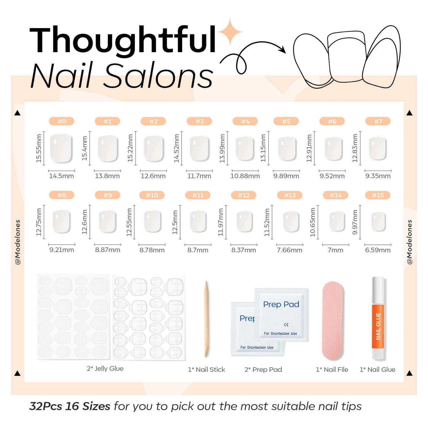 Modelones Extra Short Press on Nails,Sheer White Semi-Transparent Squoval Fake Nails, Reusable Nail Kit with Nail Glue Adhesive Tabs Mini Nail File, Nails Press Ons 32Pcs 16 Sizes, Women Girl Gift