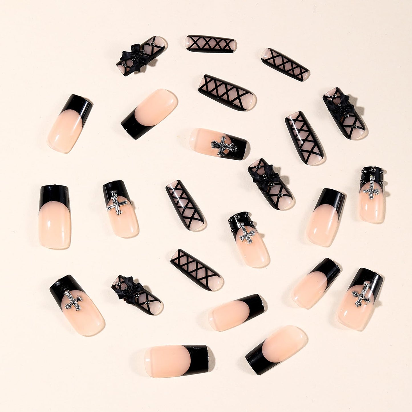 IMSOHOT Black French Press on Nails Long Square Fake Nails Acrylic Nude False Nails with Bow & Cross Design Full Cover Stick on Nails Glossy Glue on Manicure Kit for Women 24Pcs