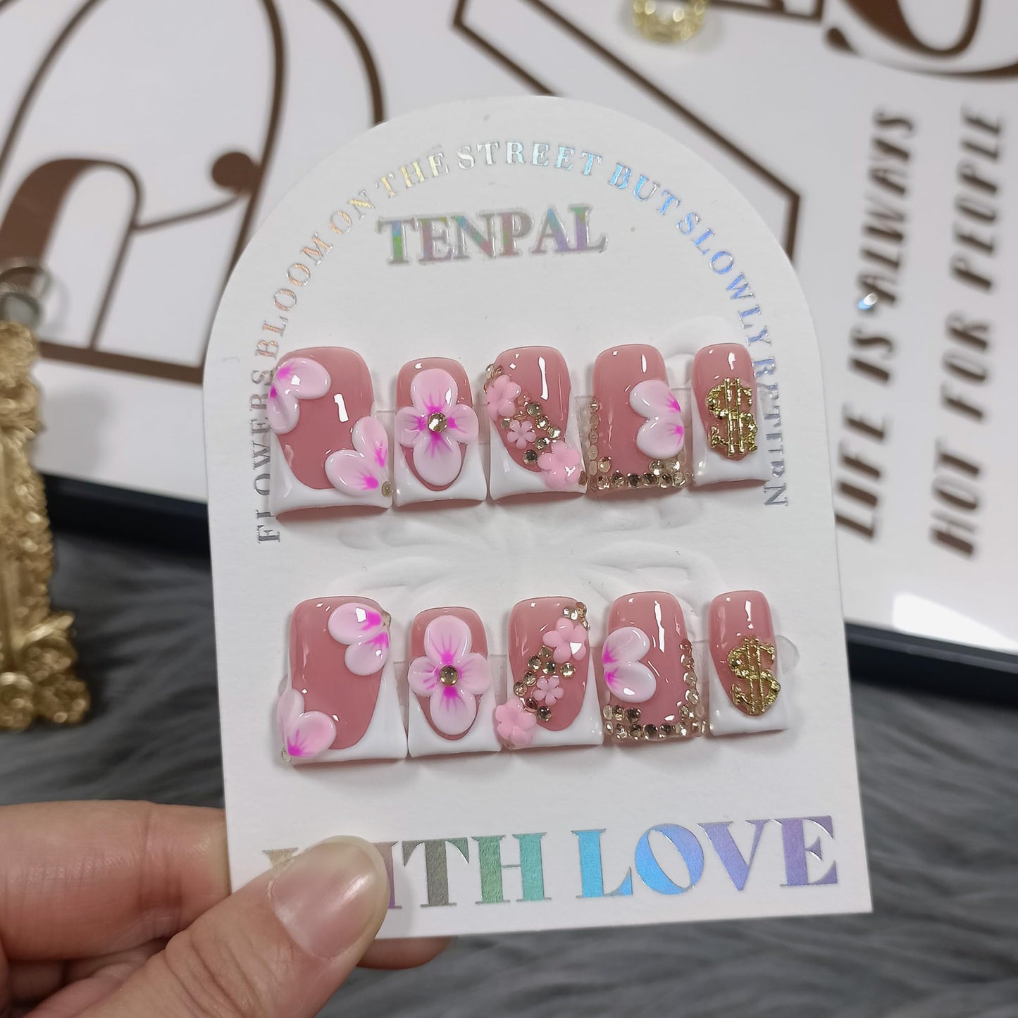 TENPAL Duckbill Press on Nails - White Pink 3D Floral French Tip Fake Nails with Rhinestones | Icy Glossy False Nails with Tools| Handmade Soft Gel Y2K Duck Nails(M)