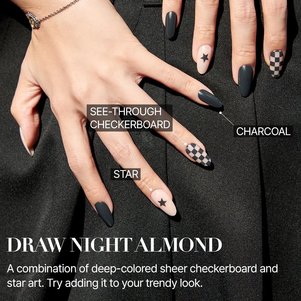 MUZMAK Reusable Press on Nails Long 36Pcs Halloween Press Ons with Designs Cute Gel (Draw Night(Almond))
