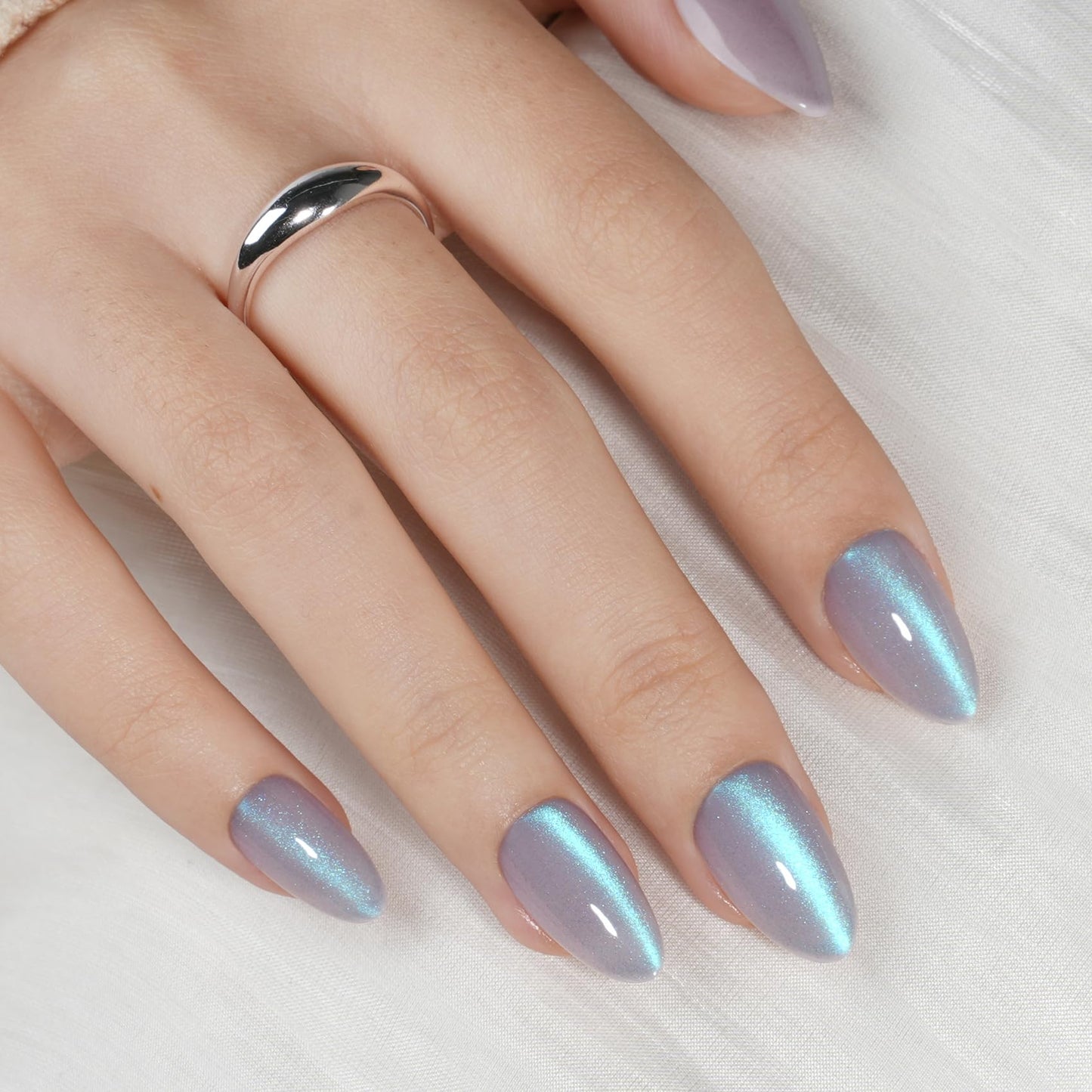Cat Eye Press On Nails Almond - Short Almond Fake Nails with Nail Glue, Steel Blue Cateye Press On Nails Reusable Stick On Nails in 16 Sizes 32 Nail Kit for Women & Girls | Salon Quality
