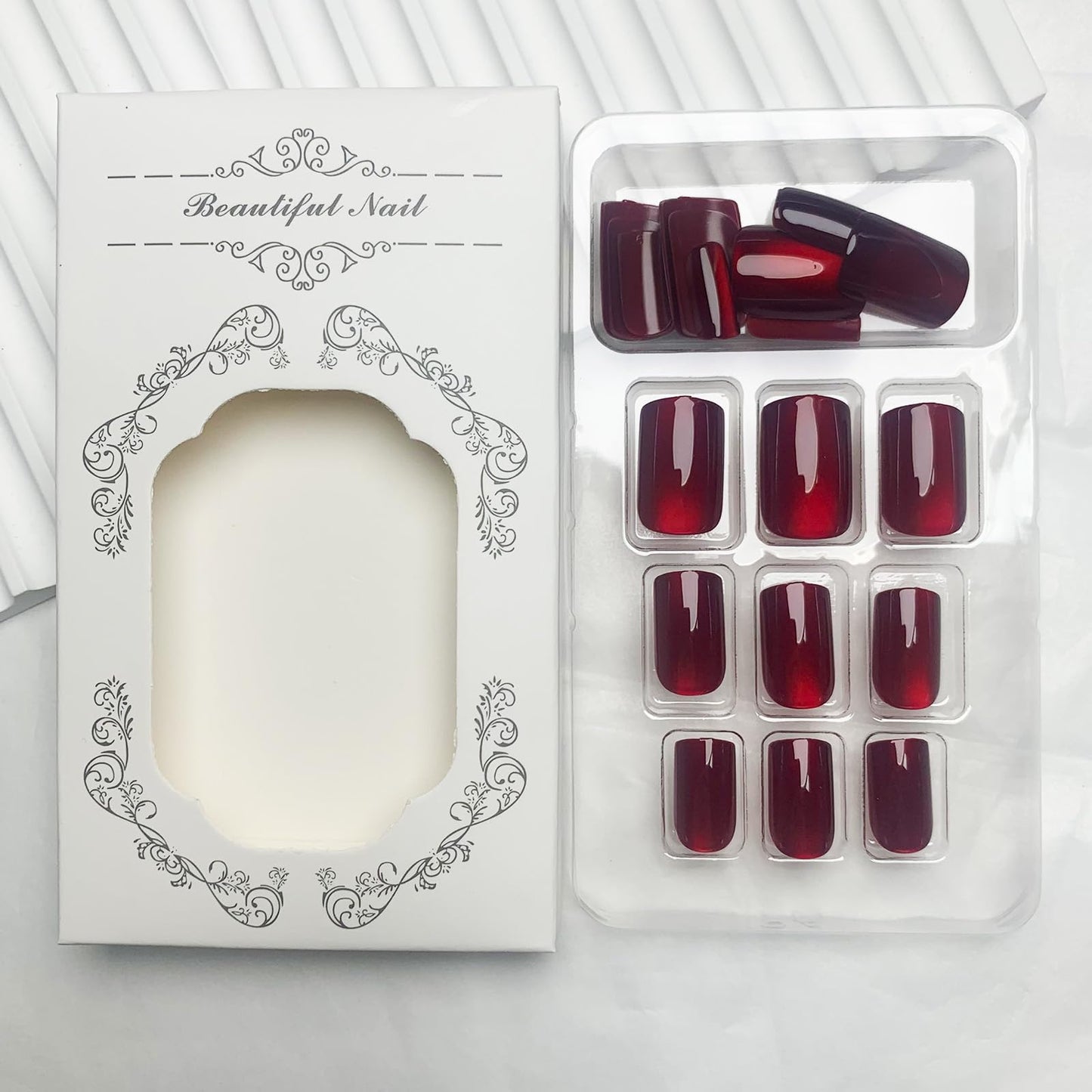 Wine Red Press on Nails Short Square Fake Nails Ombre Glitter False Nails Glossy Full Cover Acrylic Glue on Nail Red Nail Press ons for Women Girls Manicure 24Pcs