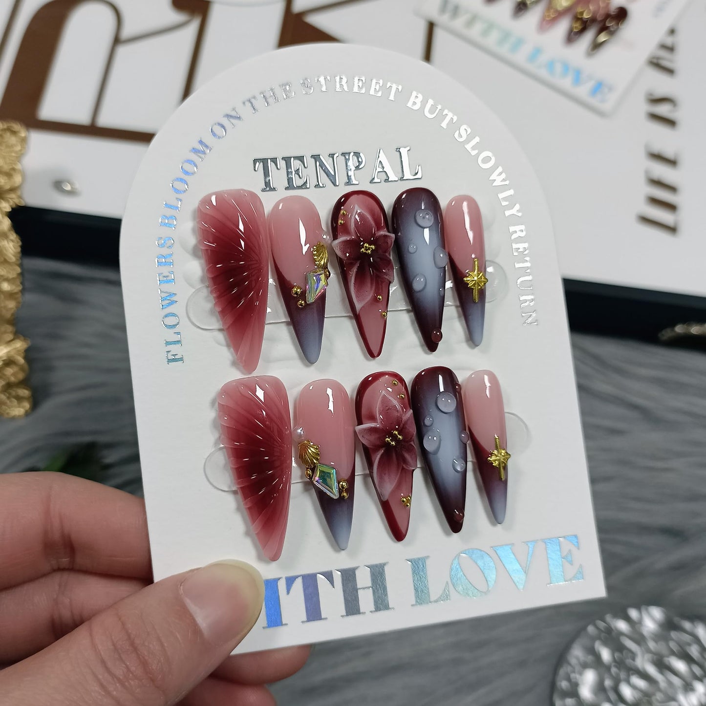 TENPAL Stiletto Press on Nails - Wine Brown Blushing French Fake Nails with 3D Floral Teardrop Design,Glossy False Nails with Tools,Handmade Glamorous Winter Style Glue on Nails for Women Girls(M)
