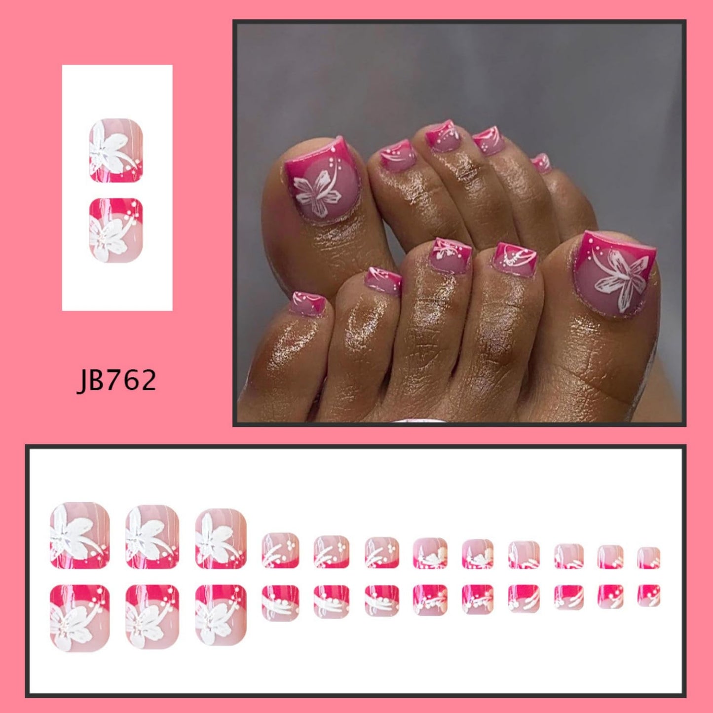 Pink French Press on Toenails Short Square Fake Toe Nails Flowers False Toenails Shiny Glossy Full Cover Acrylic Glue on Toenails Cute Toe Nails Artificial Stick on Toenails for Women 24 Pcs