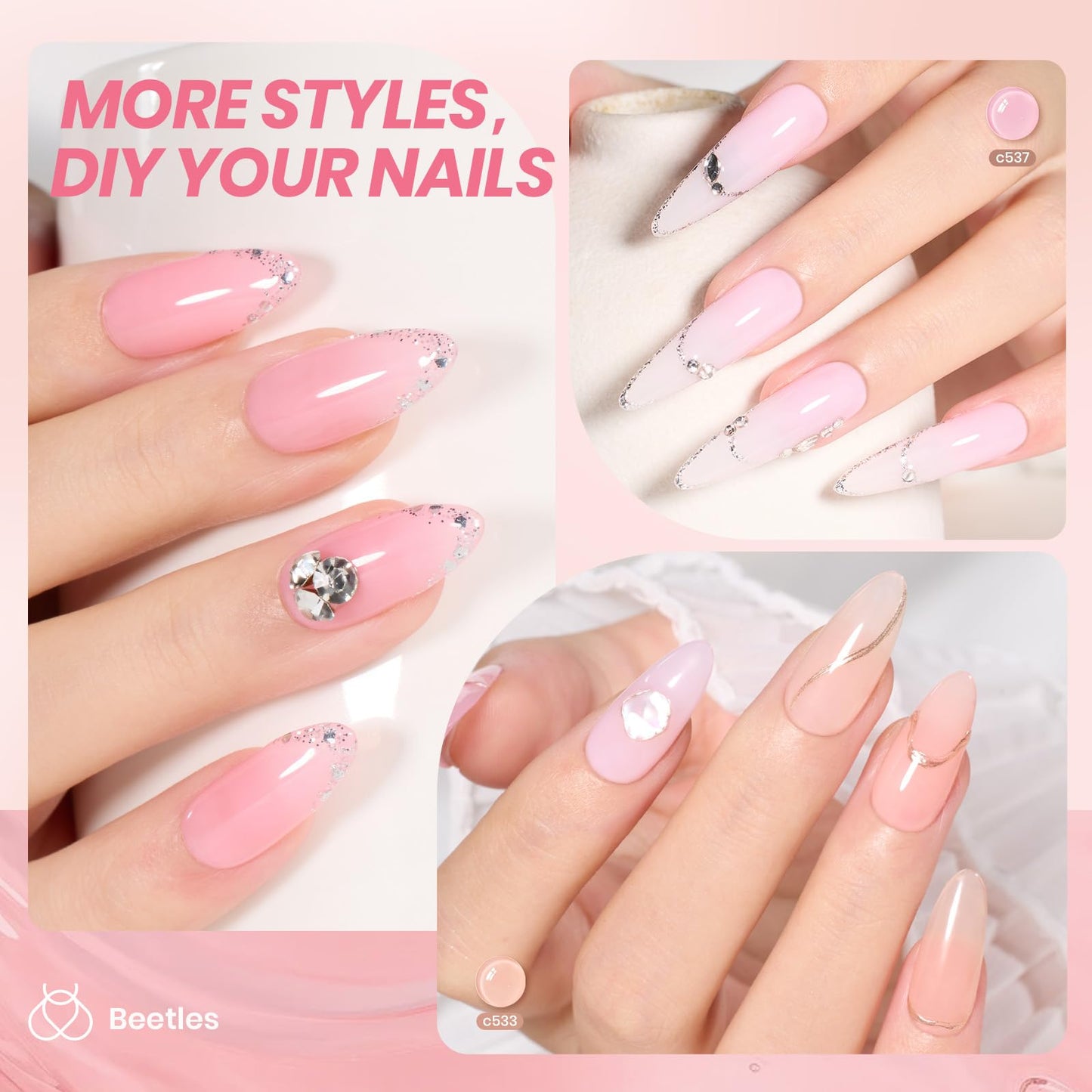 Beetles Cat Eye Press On Nails Short Almond, 32pcs 16 Sizes, Glue and Tabs, HEMA and TPO Free, Mist Glow & Jelly Gel Nail Polish Set 6 Colors, Milky Pink Nude, Sheer Transparent, Soak Off UV, DIY Mani