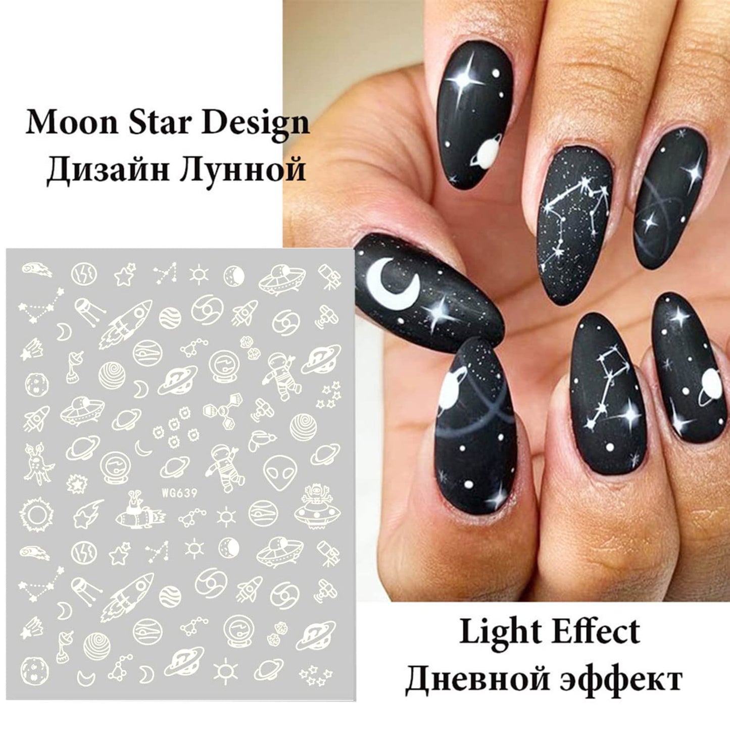 Luminous Nail Art Stickers, Fluorescent Nail Self-Adhesive Decals, Glow in The Dark Nail Art Design, Sun Moon Stars Love Heart Nail Sticker Decoration for Women Girls Manicure 3D Nail Decal(6 Sheets)