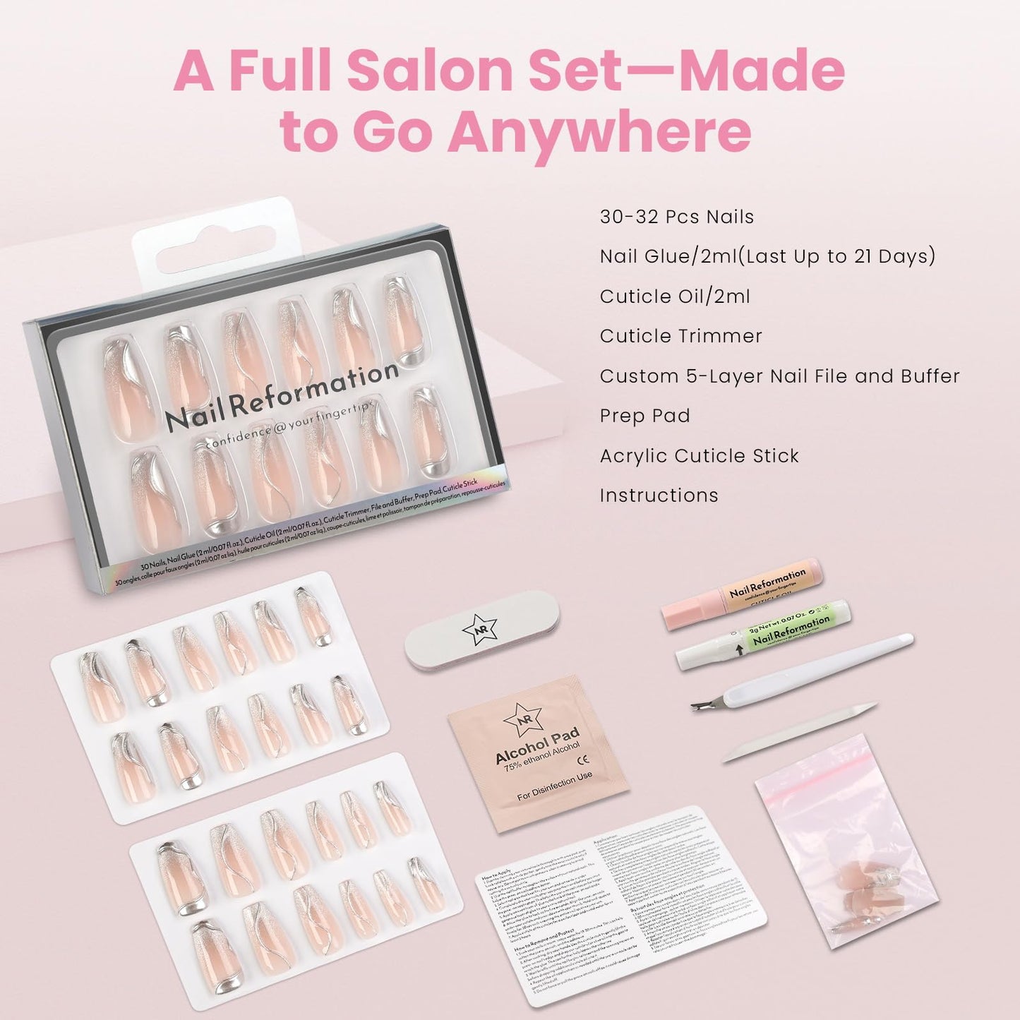 Nail Reformation Press On Nails, Shooting Star | Pink Long Coffin Fake Nails with 3D Metallic in a Glitter Finish, Reusable Stick On Nails in 15 Sizes - 30 False Nail Kit with Glue, Gifts for Women