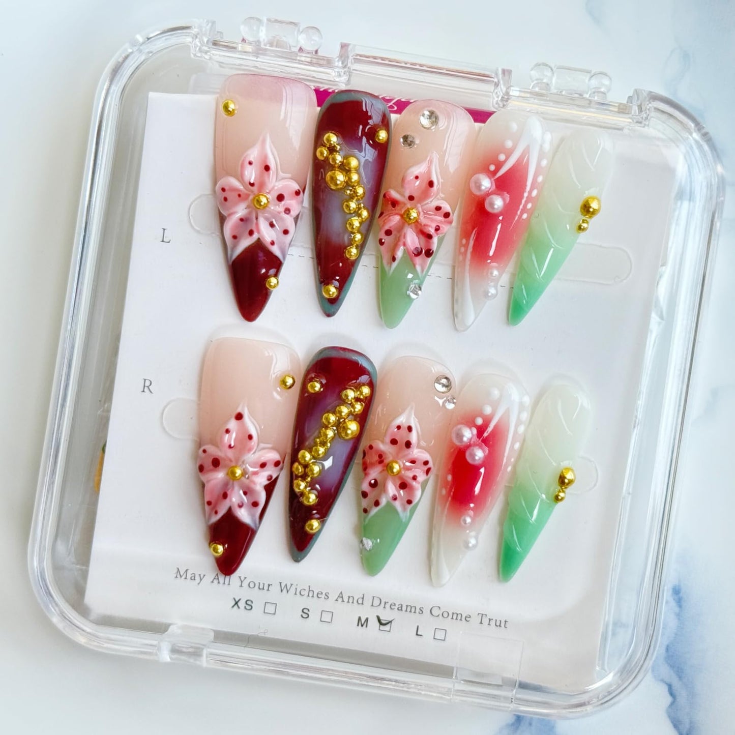 Haozerart Handmade Long Almond Press On Nails Set, Luxury 3D Floral Golden Pearl Design, Reusable Glue On Fake Nails, Salon Grade Artificial Nails for Women Girls, 10Pcs Medium Size