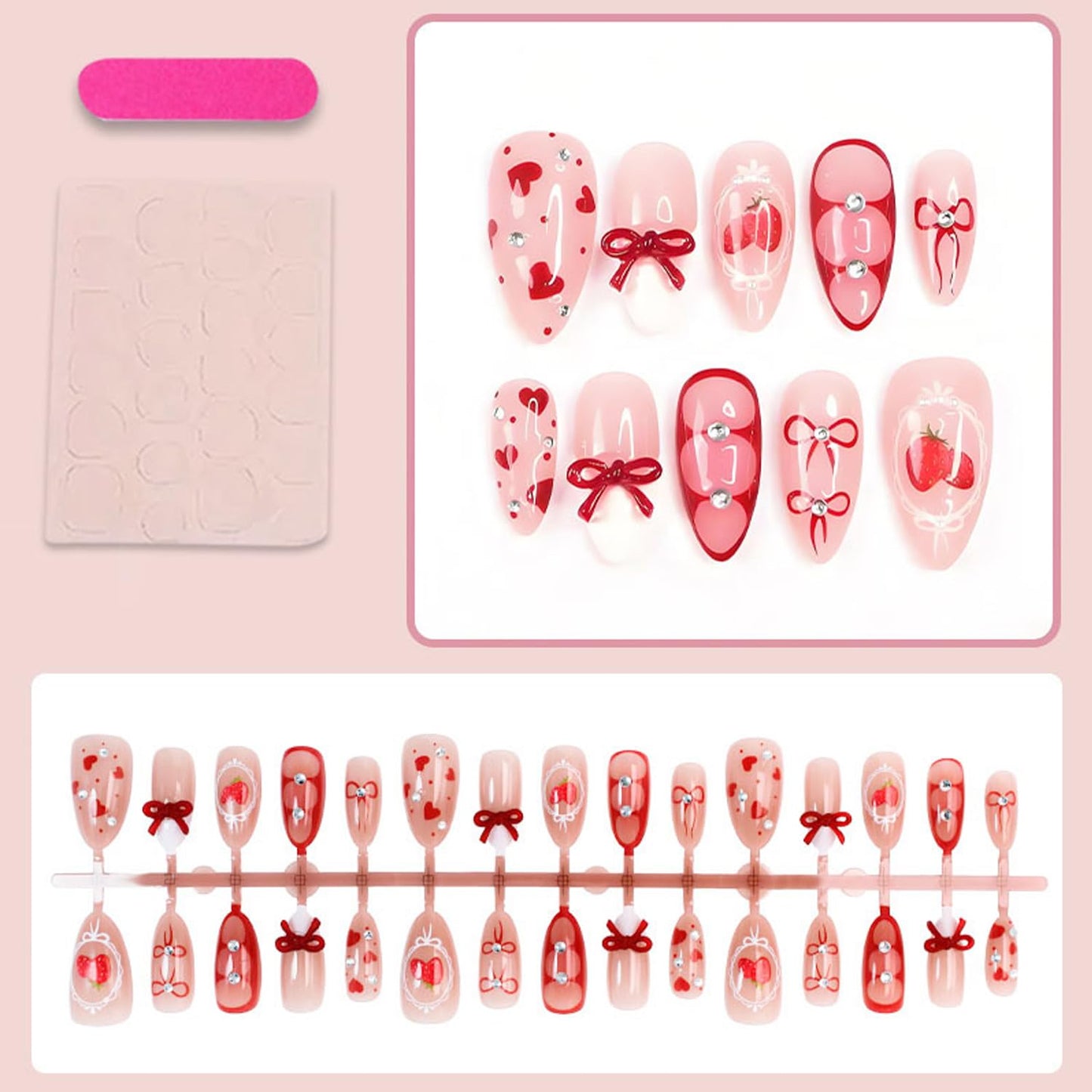 30Pcs Valentines French Tip Press on Nails Medium Almond Fake Nails with 3D Rhinestone Bow Designs Red Heart Strawberry False Nails Nude Glossy Full Cover Holiday Artificial Acrylic Nails for Women