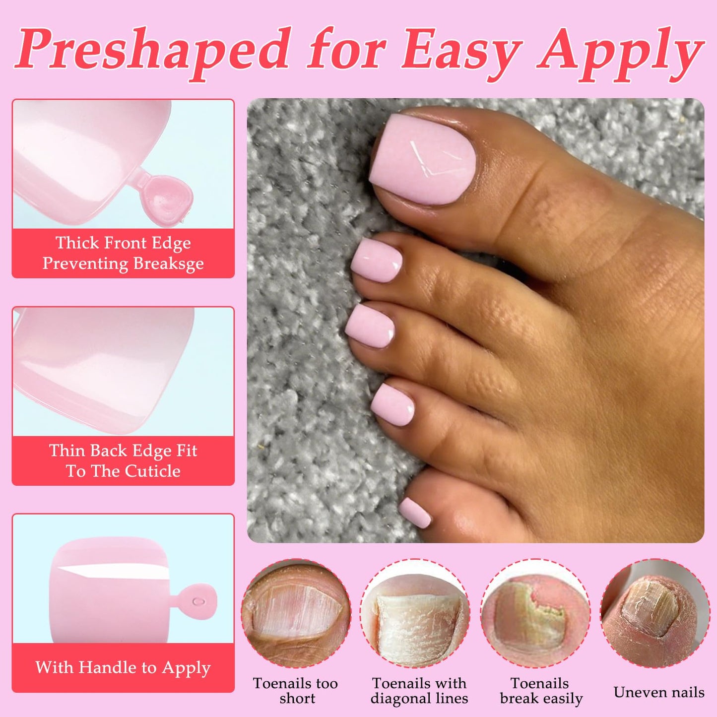 Lifextol 120PC Pink Press on Toenails for Women Fake Toe nail Press ons Acrylic Toe Press on Nails Set, Pink Press on Toe Nails Press on Fake Toenails Press ons Acrylic Toe Nail Tips Kit & Glue Tab-Q