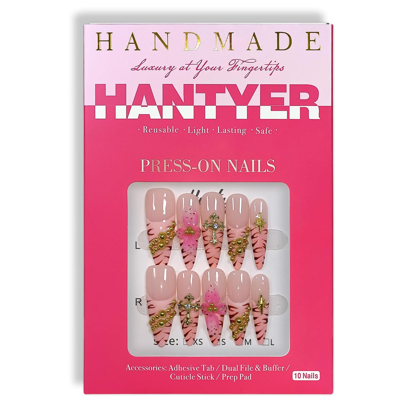 Hantyer Pink Leopard French Tip Press on Nails with 3D Floral Carving & Cross Gold Beads, Long Stiletto Glossy Y2K Fake Nails, Reusable Edgy False Nails for Women Festival Concert Party (Size L) ﻿