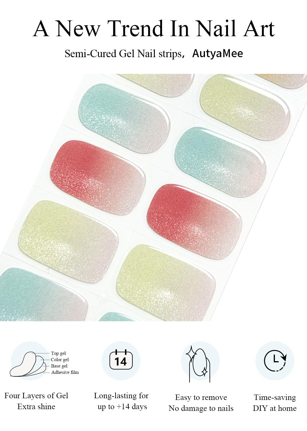 AutyaMee Semi Cured Gel Nail Strips (Dopamine Cat Eye), 20 Pcs Gel Nail Wraps, Stickers, Salon Quality, Works with Any UV Lamps