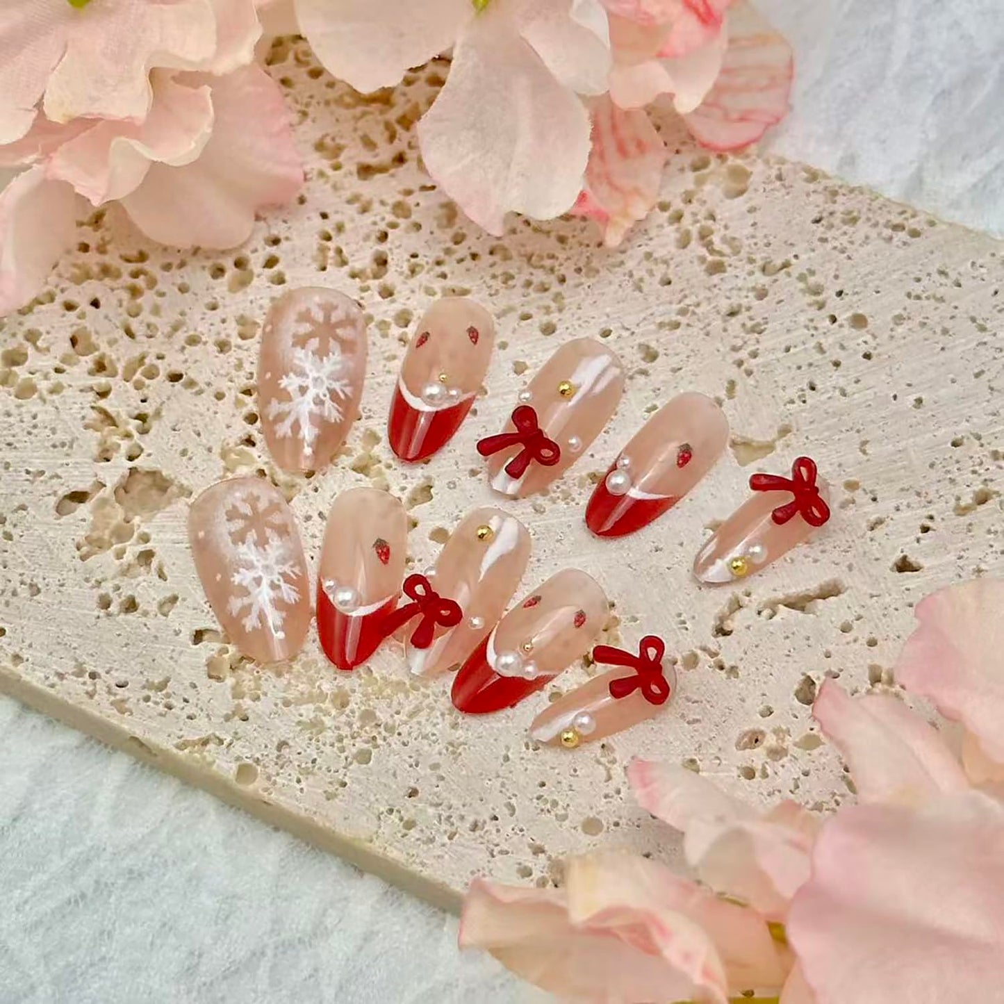 30pcs Christmas Press on Nails Medium Almond French Tip Fake Nails Winter Snowflake Full Cover False Nails with 3d Bow Rhinestones Designs Glue on Nails Valentine Nude Glossy Acrylic Nail for Women