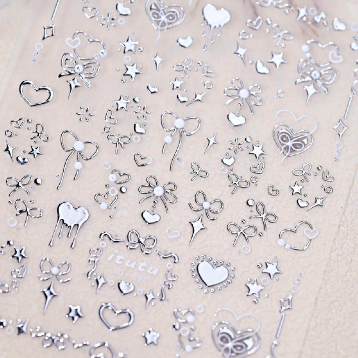 5D Embossed Heart Nail Stickers Self-Adhesive Silver Bows Nail Art Stickers Pearl Star Love Nail Decals for Acrylic Nails Spring Valentines Nail Sticker for Women Girls DIY Manicure Nails Supplies
