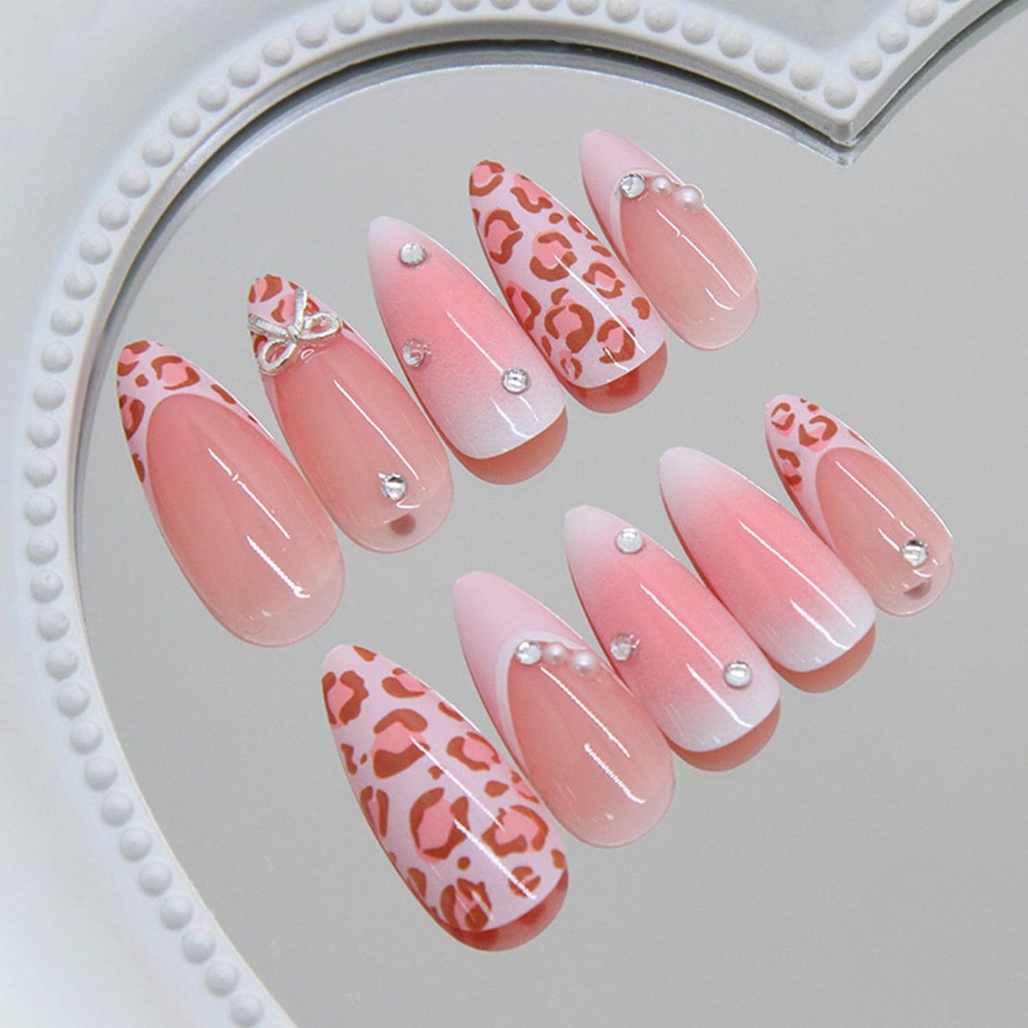 Nude Pink Press on Nails Medium Almond Artificial Acrylic French Tip Fake Nails Pink Leopard Print with Silver Bow Rhinestones Stick on Nail Artificial Fingernails Press Ons Nail for Women Manicure