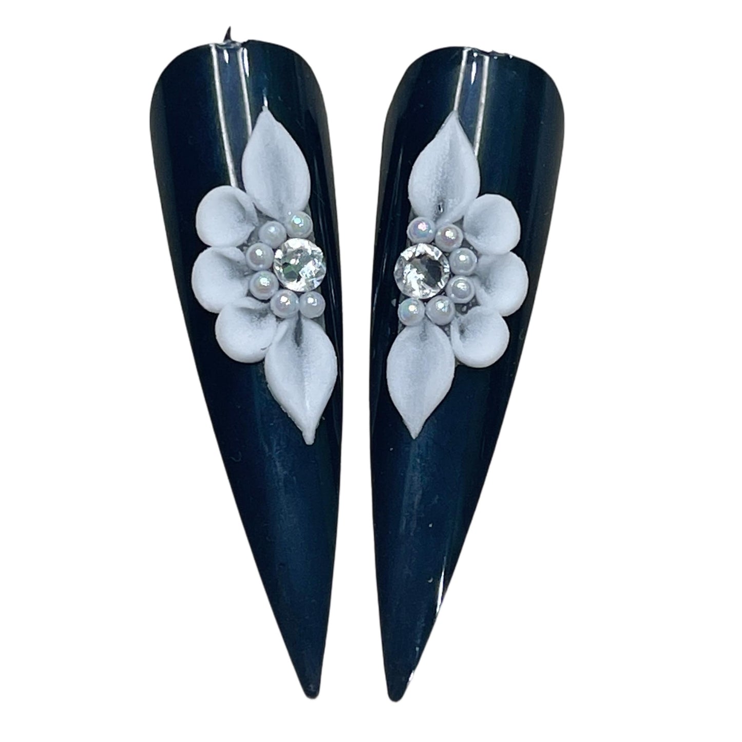 Set 8Pcs 3D Flowers Nails Charms With Rhinestone Gems Handmade by Acrylic Powder Design For Long Nail L,XL,XXL Flower Nail Art Floral Salon Decor Women Girls (White Rhinestone mix Peals)