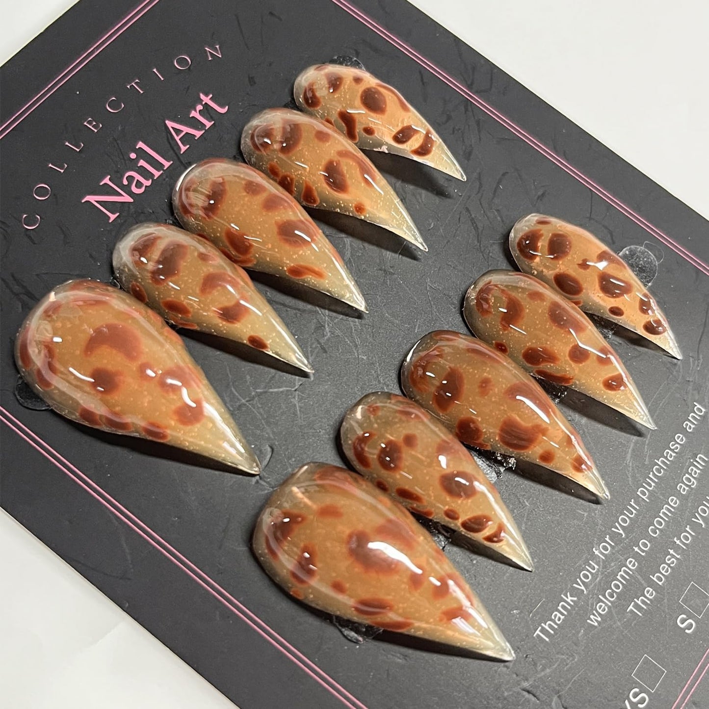 Handmade Press on Nails Medium Stiletto Brown Fake Nails Unique Eagle Claw Thick Acrylic Nails False Nails with Leopard Print Cat Claw Designs Fall Glossy Glue on Nail Curved Sturdy Nail Art 10Pcs(S)